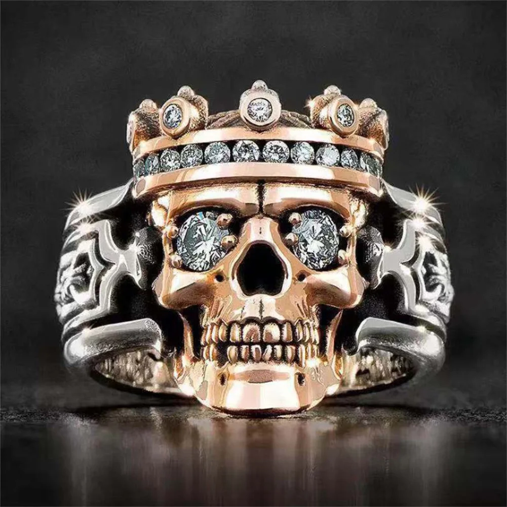 for Men White Crystal Punk Rose Skeleton Eyes Ring Boho Motorcycle Biker JewelryVintage Two Tone Crown Skull Rings Wholesale