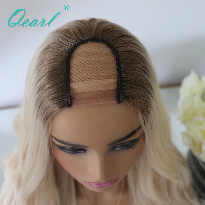 Glueless 10A  Women Human Hair Wig Ombre Light Platinum Blonde U Part Wigs 2x4 Natural Wave Cheap Virgin Hair 200% Thick Qearl