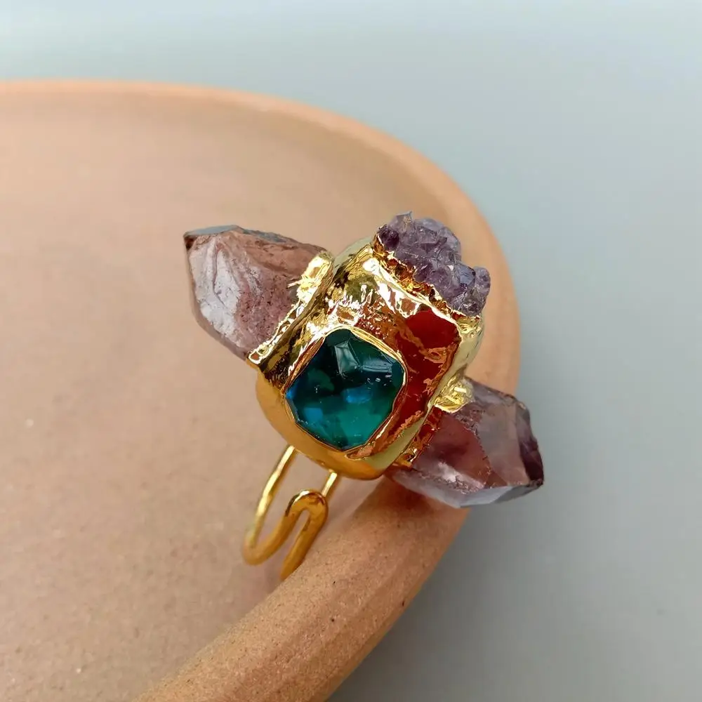 KKGEM  23x40mm Natural Purple Amethyst Point Druzy Rough Blue Crystal Ring Gold Plated Adjustable Gems Ring