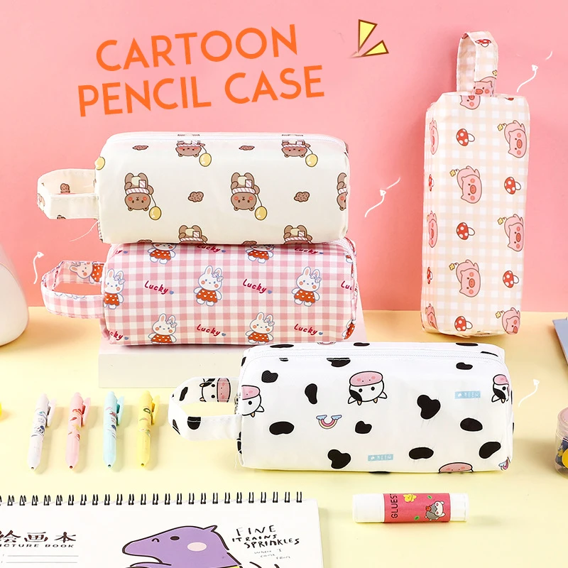 

New Japanese Cartoon Lattice Simple Pencil Bag Primary School Student Multifunctional Pencil Bag Large Capacity Stationery Box