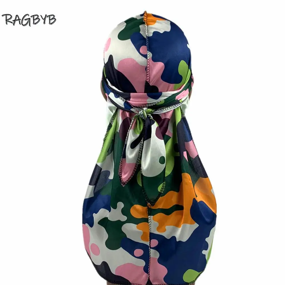 New Camo Print Silk Durag Bandanas for Men Silky Durags Long Tail Wave Cap Head Scarf Women Hat Headwrap Durag