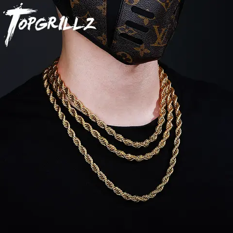 TOPGRILLZ 8MM Stainless Steel Rope Chain Necklace 18"20"24"  Gold Color Necklace Hip Hop Fashion Jewelry For Men Party