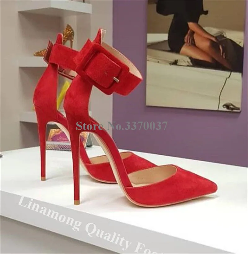 Linamong Elegant Fashion Pointed Toe Stiletto Heel Pumps Ankle Strap Buckle Red Black Gold High Heels Formal Dress Shoes