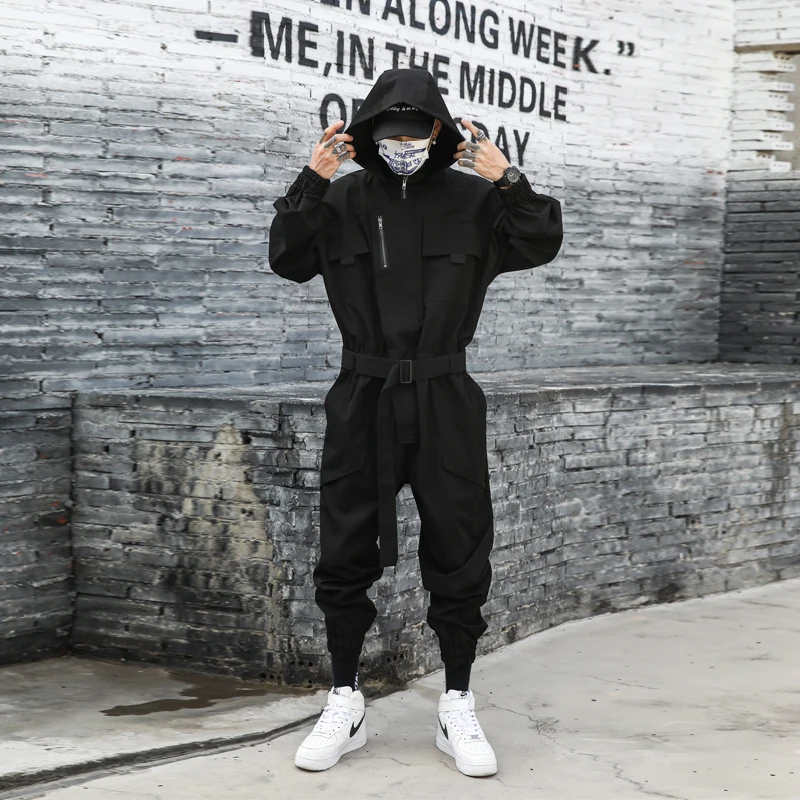 Autumn men's hooded Jumpsuit dark functional style youth pants trendy hairstylist youth work suit