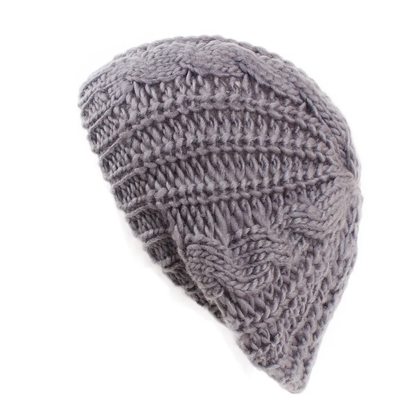 Boina de punto de Cable para mujer, gorro informal trenzado, holgado, de lana, cálido, Color sólido