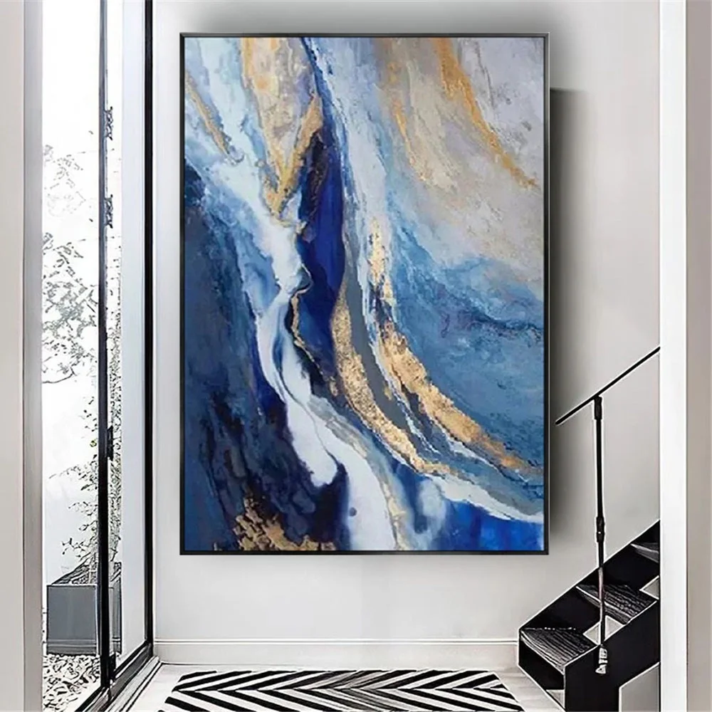 Imagem -04 - Melhor Venda Pintados à Mão Pintura a Óleo Abstrata Seascape Pintura em Tela Azul e Ouro Linhas Abstratas Arte da Parede Decoração Sofá Mural