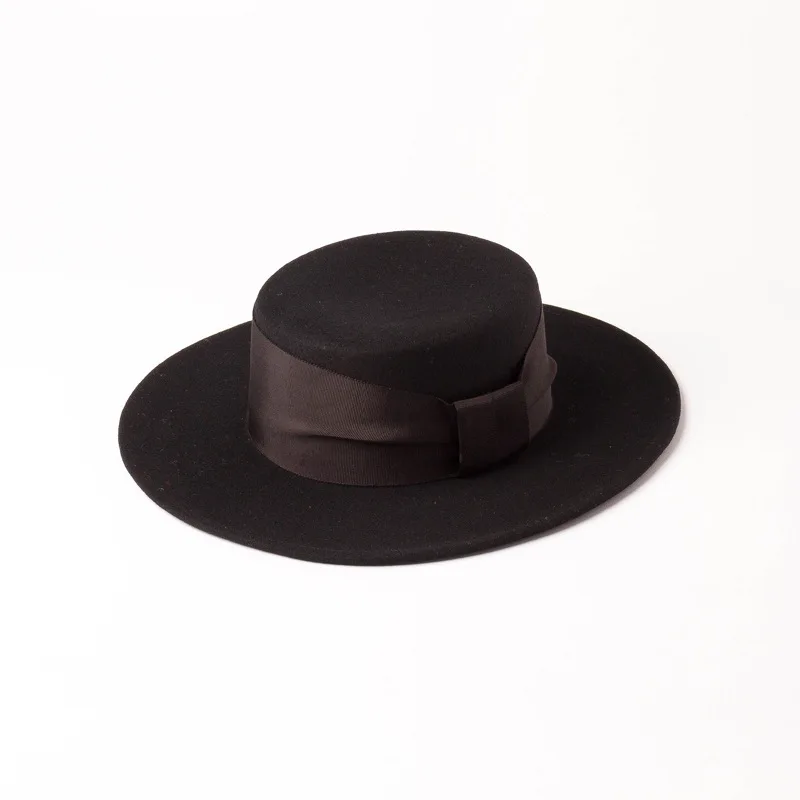 Uspol novo outono inverno flat top lã fedoras feminino laço largo fita chapéus de lã moda feminina cor sólida grosso chapéus de lã