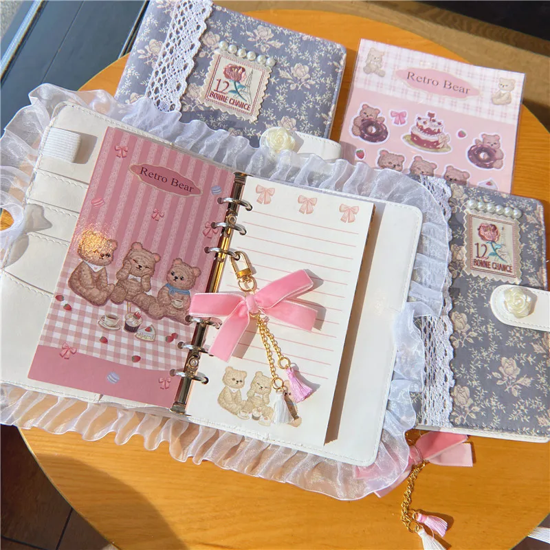 Cute 2025 Kawaii Lace Loose-leaf Binder Notebook Journal 80sheets Diary Agenda Planner Bullet Notebook School Stationery