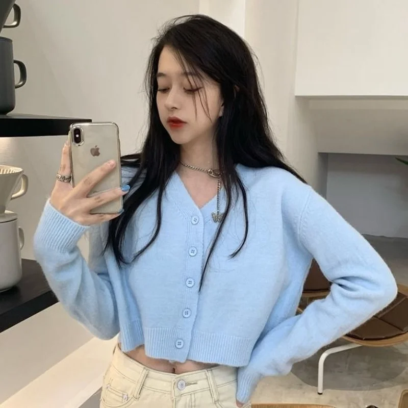 Cardigan Women Sweater Blue Sweet Simple Solid Color Long Sleeve Warm Spring Autumn Single Breasted V-neck Girls All-match Crop