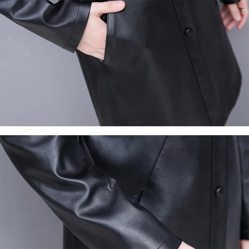 2022 Autumn Winter Women\'s Leather Jacket Fashion Slim Medium-Long Bomber Leather Coat Female Thin Leather Windbreaker Outerwear