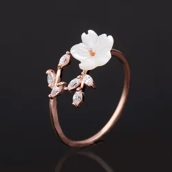 Cute Zircon Crystal Leaf Shell Flower Ring for Women Ladies Rose Gold color Romantic Shell Jewelry open Rings Size adjustable