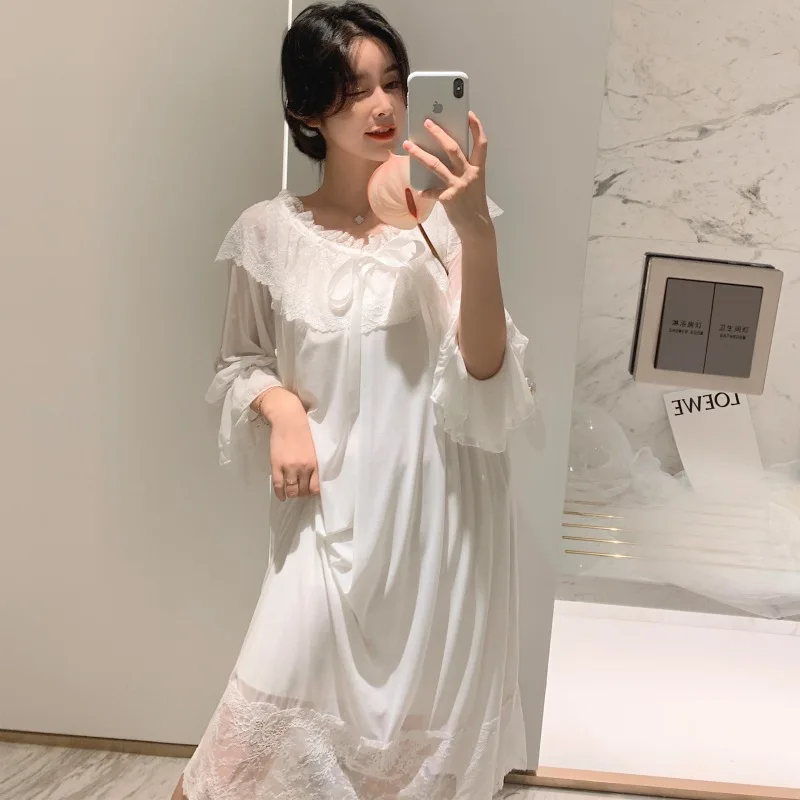 Sexy Nightgown Female Summer Long Sleeve Long White Lovely Fairy Lace Princess Net Yarn Retro Royal Sweet Lingerie Пижам