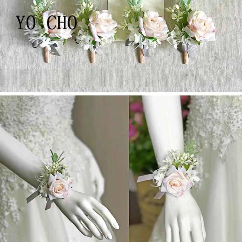 YO CHO Bridesmaid Corsage Flore Boutonniere Men Wedding Corsage Bracelet Boutonniere Flower Wedding Women Brooch Planner Corsage