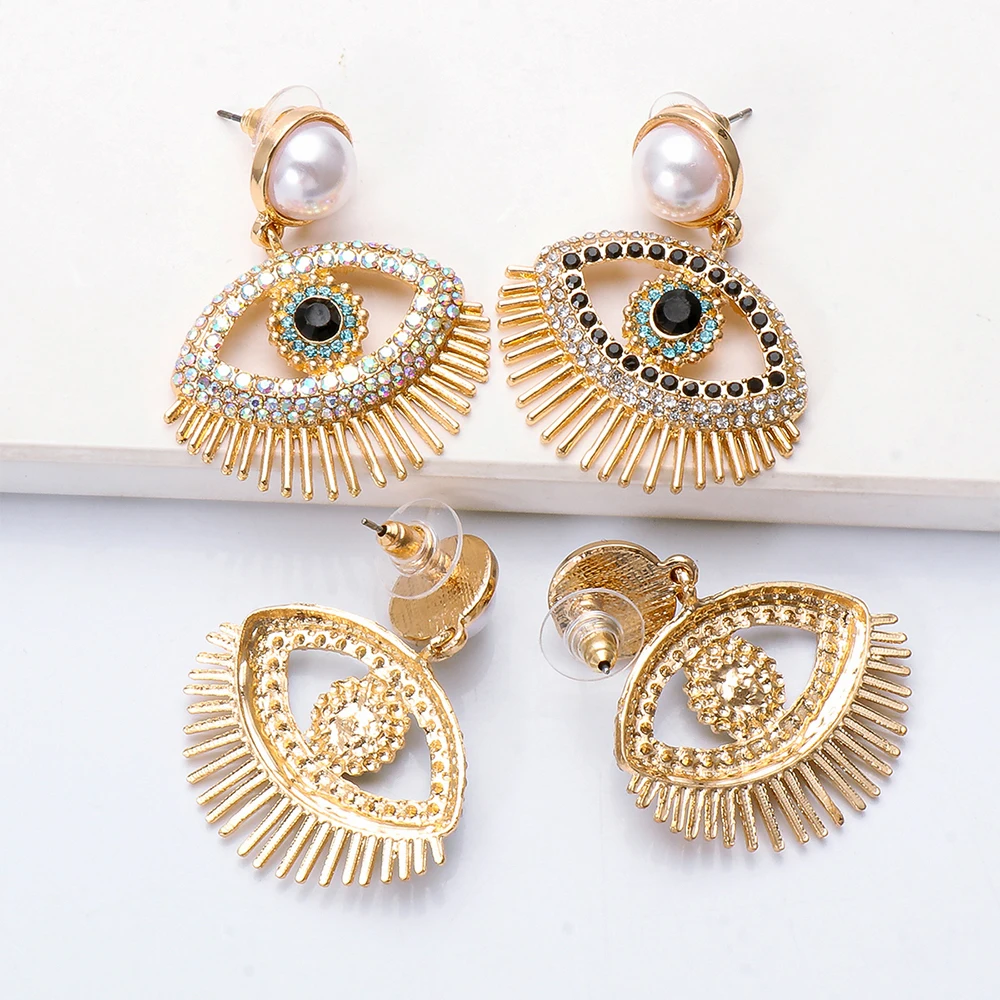 Fashion Pearl Gold Plated Drop Earrings Crystal Evil Eye Shape GeometricEarrings Women Weding Party Jewelry