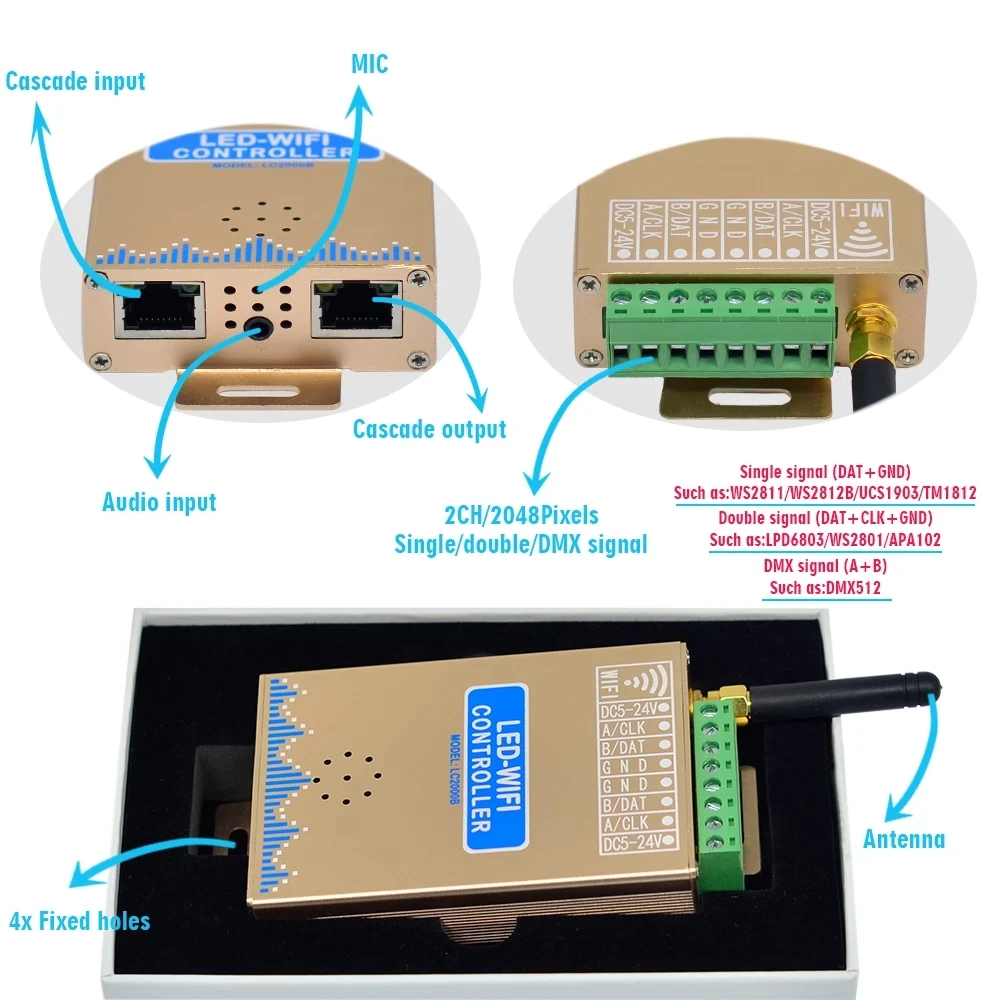 LC2000B WIFI SPI Music Spectrum RGB Controller for WS2812B LED Digital Pixel Strip 8-2048 Pixel LED Screen Controller with Built