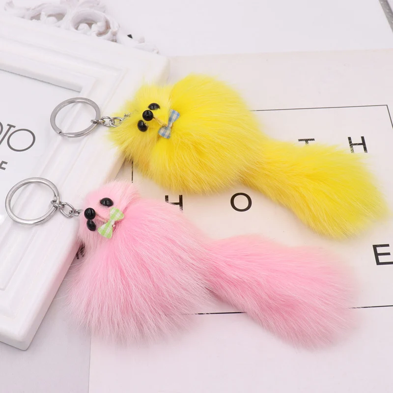 16CM Fluffy Natural Real Fur Fox Key Chain Women Cute Girls Plush Pompon Animal Keychain On Bag Car Trinket Jewelry Party Gift