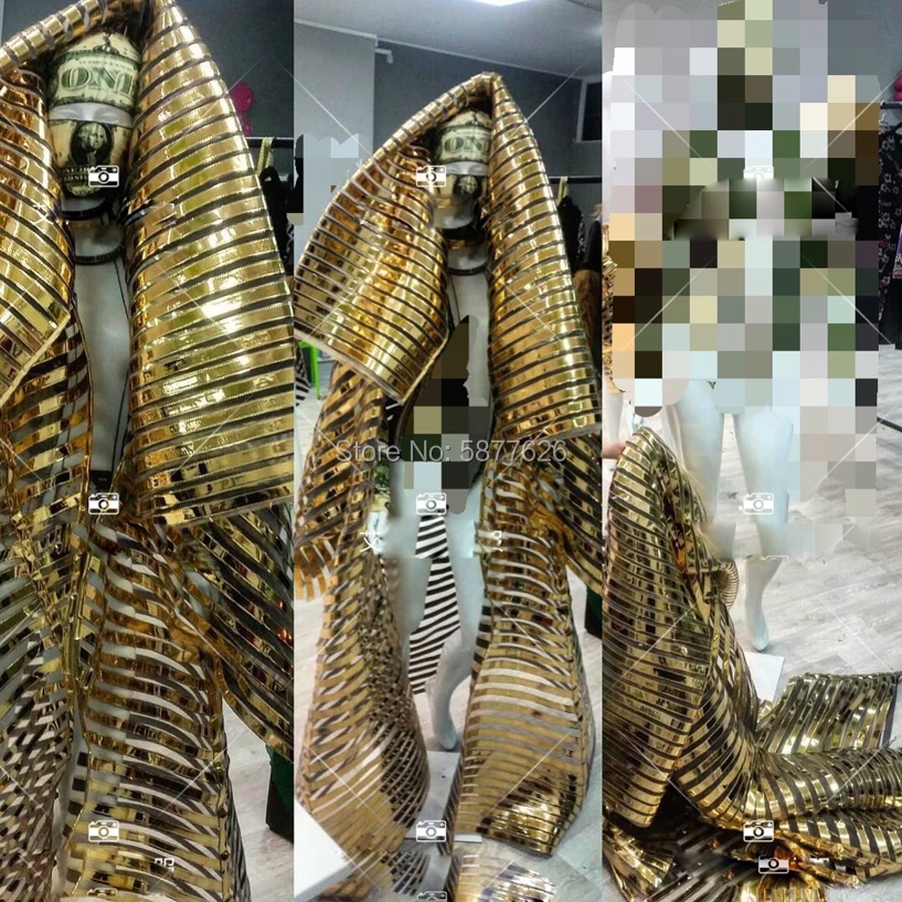 technology show stage dance wear Golden striped metallic cape future party gold coat costume