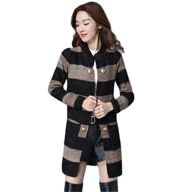 2022 New Women Knitted Sweater Coat Female Spring Autumn Stripe Loose Slimming Coat Women Knitted Mid-Length Cardigan Jacket A98