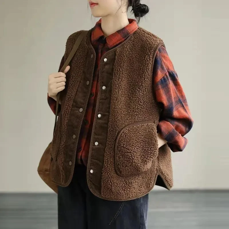 Double-Sided Wear Lamb Wool Vest Women Autumn Winter Loose Sleeveless Corduroy Waistcoat Jacket Fashion Pocket Gilet Femme