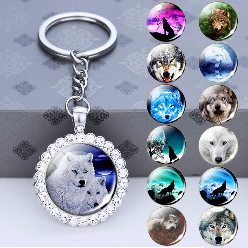 White Wolf Head and Moon Keychains Glass Cabochon Rhinestone Pendant Silver Color Keyring Animal Key Chains Jewelry Gift