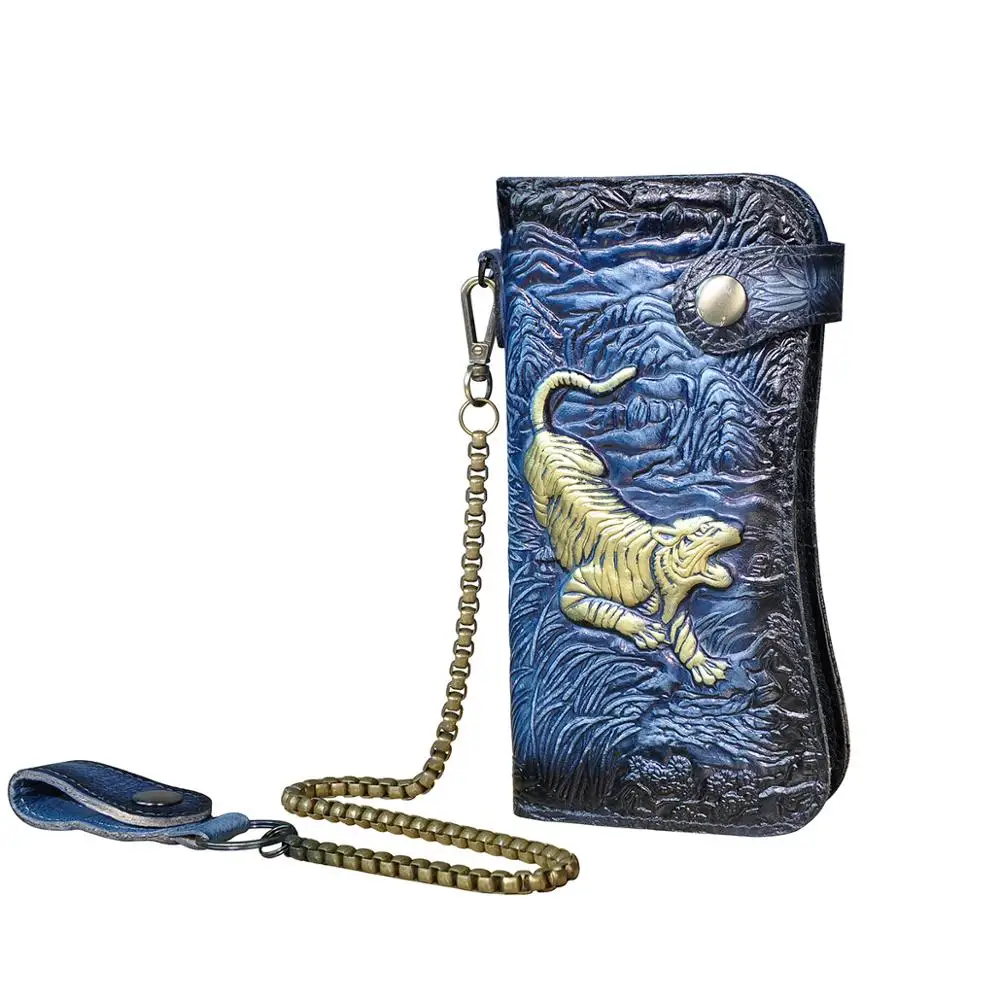 Cattle Male Genuine leather Dargon Tiger Emboss Fashion Checkbook Iron Chain Organizer Wallet Purse Design Clutch Handbag 1088