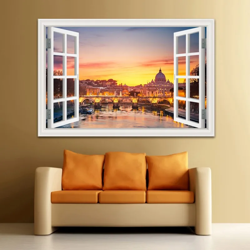 3D Window View Wall Sticker, City Landscape Vinyl Decal, Window Wallpaper Peel and Stick, Home Decor, Living Room Picture