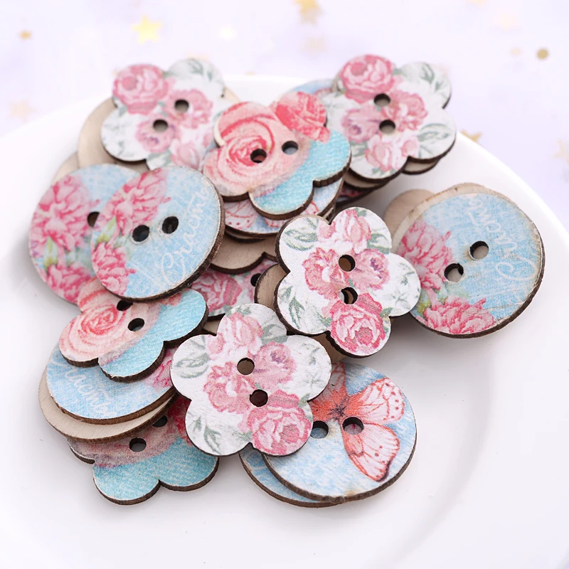 50Pcs/Pack 2 Holes Colorful Butterfly Shape Wooden Buttons Suitable For Sewing Scrapbooking Buttons DIY Craft Accessories