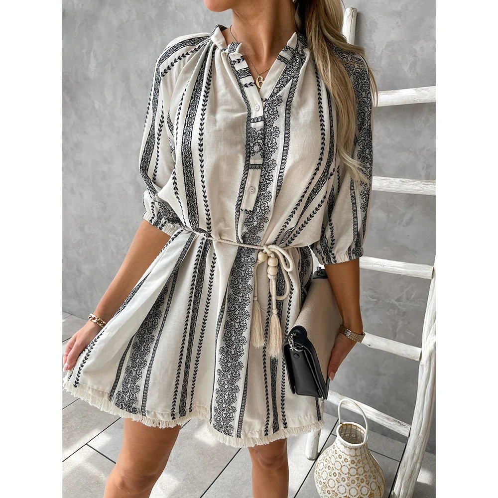 

Women's Knee-length Skirt Short-sleeved Sexy V-neck Fringe Drawstring Single-breasted Striped Printed Simia Mid-sleeve Dress