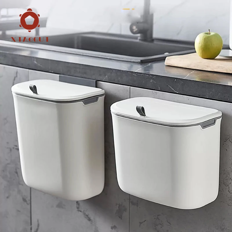 7L/9L Kitchen Trash with Cover Home Cupboard Door Wall-mounted Hanging Creative Storage Toilet Bathroom Paper Basket Papelera