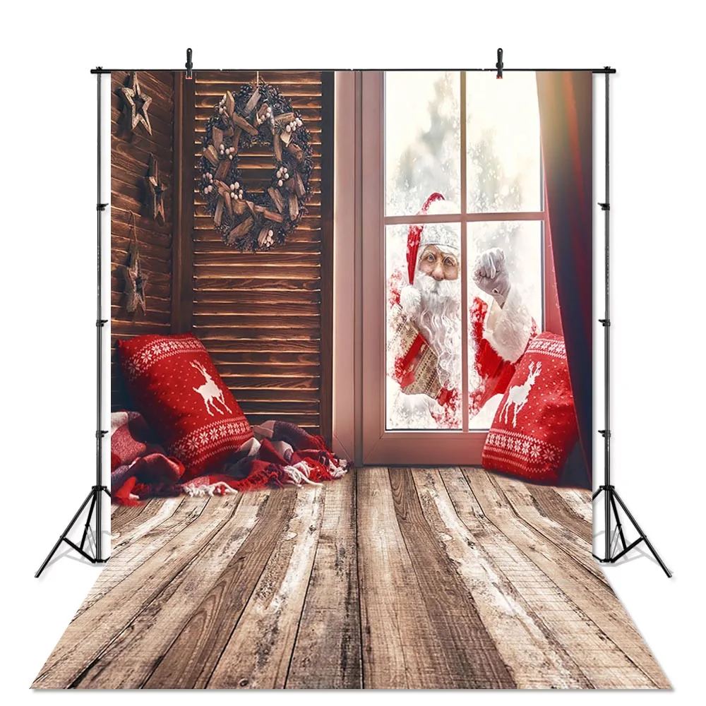 Indoor Christmas Photography Backdrops Wood Floor Window Santa Claus Backdrop for Photo Studio Child Portrait Background