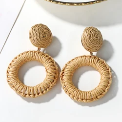 YAOLOGE 2019 Trendy Korean Handmade Wooden Rattan Knit Earrings For Women Boho Hollow Round Big Geometric Vine Drop Earring