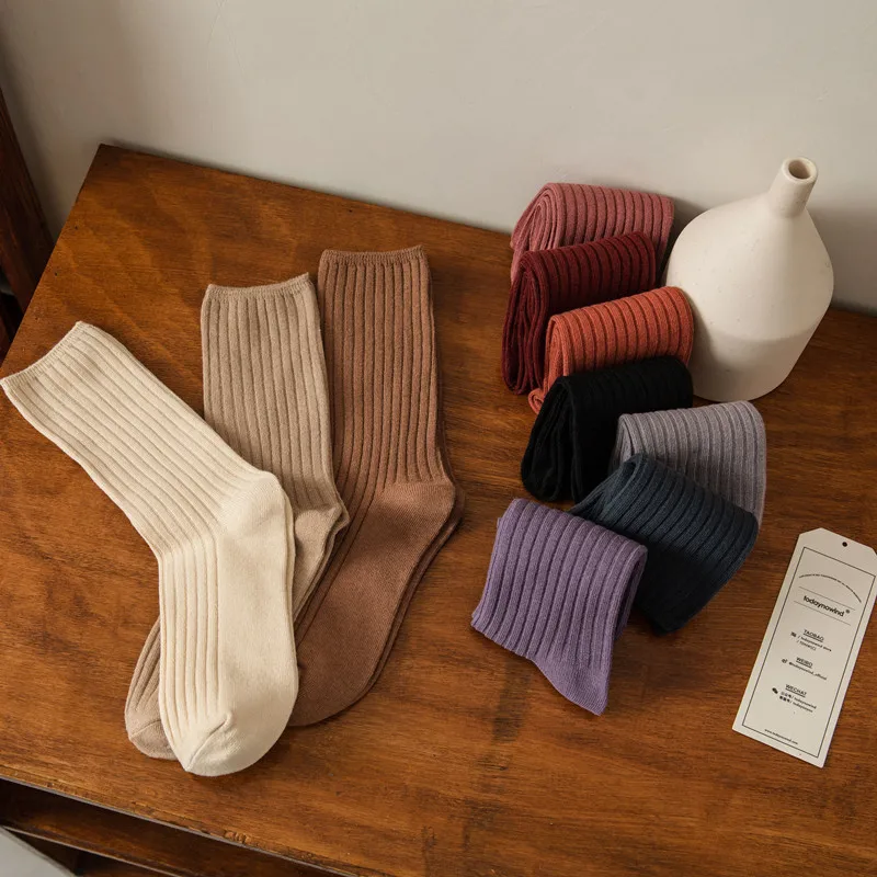 Lot de 3 paires de chaussettes pour femmes, couleur unie, élégantes, rétro, longues, en coton, respirantes, Style japonais, décontractées