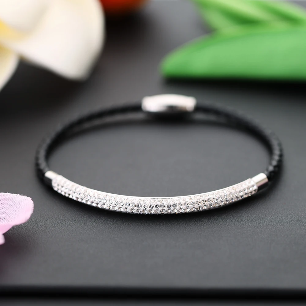 Stainless Steel Magnetic Clasp Bracelet Fashion Jewelry Crystal Rhinestone Charm Leather Wrap Bracelets For Women