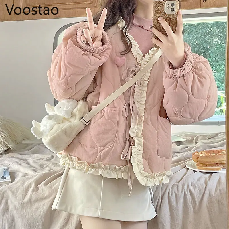 Japanese Winter Women Kawaii Loose Warm Jacket Korean Fashion Bow Bandage Thicken Cotton Padded Coats Girly Sweet Parkas Outwear