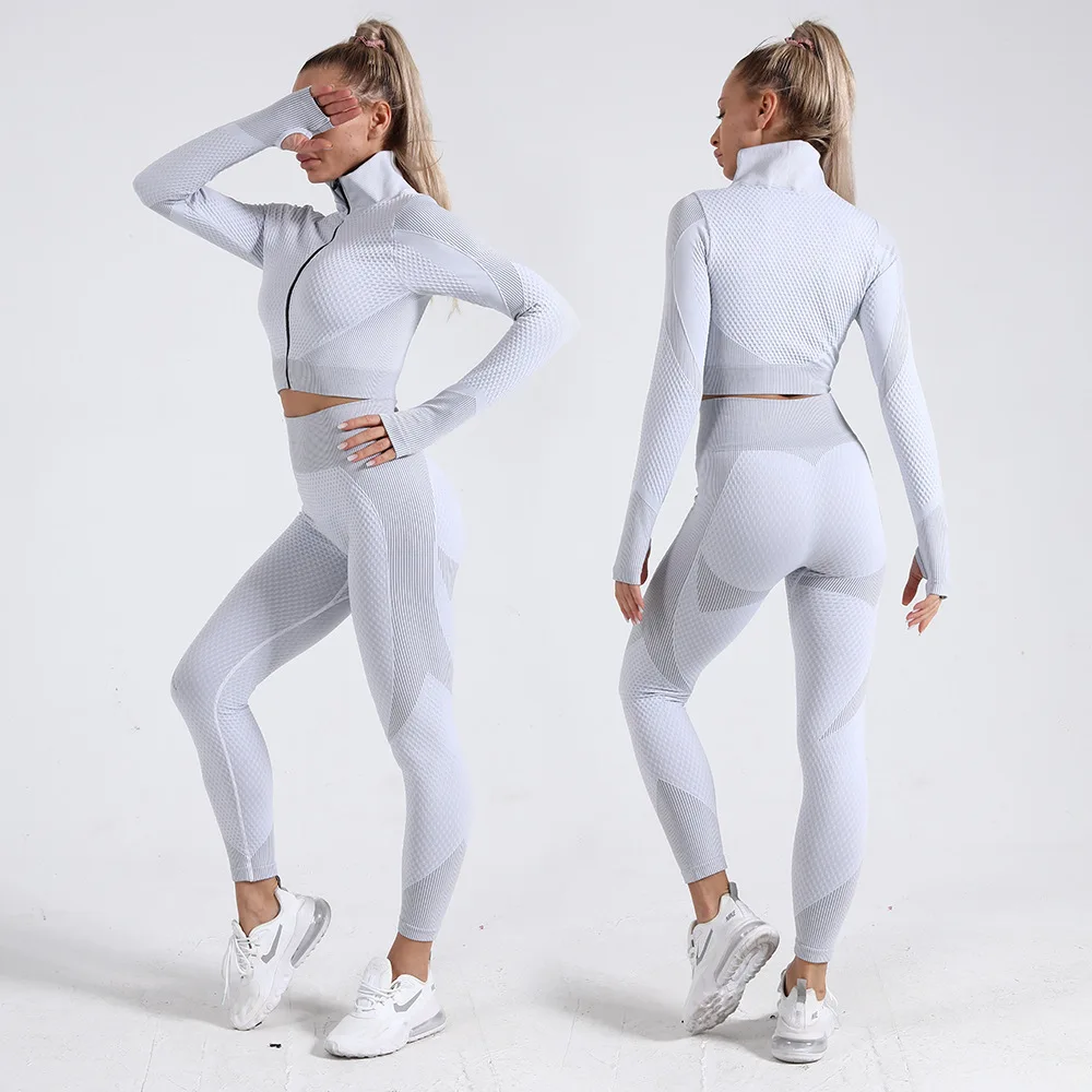 Women's Yoga Wear Three-piece Suit Knitted Hip-lifting Stretch Fitness Long-sleeved Top High-waist Leggings Sportswear Suit