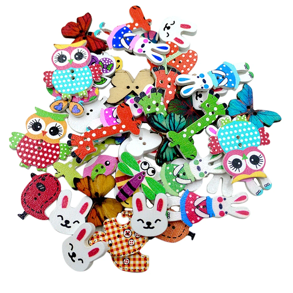 Pack of 50 Colorful Assorted Animals Wooden Decorative Buttons 2-holes Cardmaking Buttons for Sewing Crafts Doll DIY Supplies