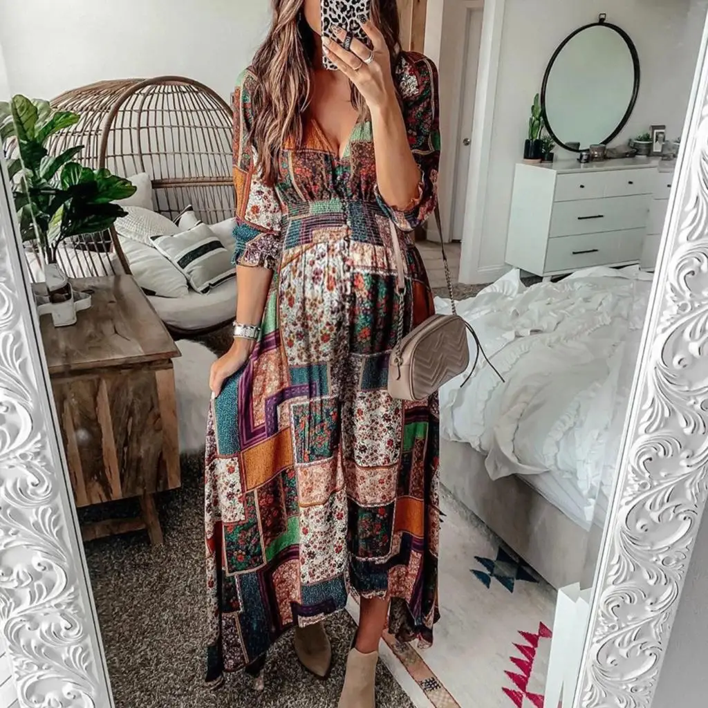 

Maternity Maxi Dress Bohemian Style Pregnancy Clothes Printing Folding Plicing Long Elegant Dress For Pregnant Women Plus Size