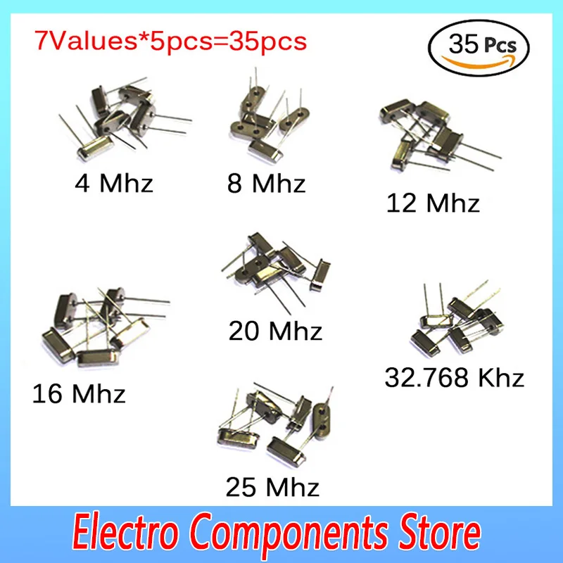 7Values*5PCS=35PCS HC-49S Quartz Resonator DIP Crystal Oscillator Kit 4MHz 8MHz 12MHz 16MHz 20MHz 25MHz 32.768KHz 2Pin DIY Set