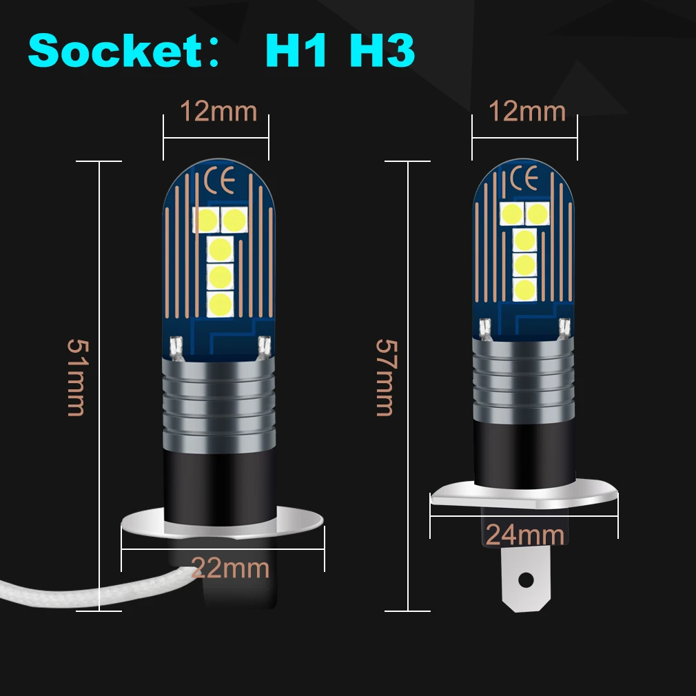 2pcs H1 H3 LED Bulb Car Fog Lights Day Driving Running Lamp 10SMD 3030 1600LM LED Fog Light Headlight Lamps 6000K White 12V