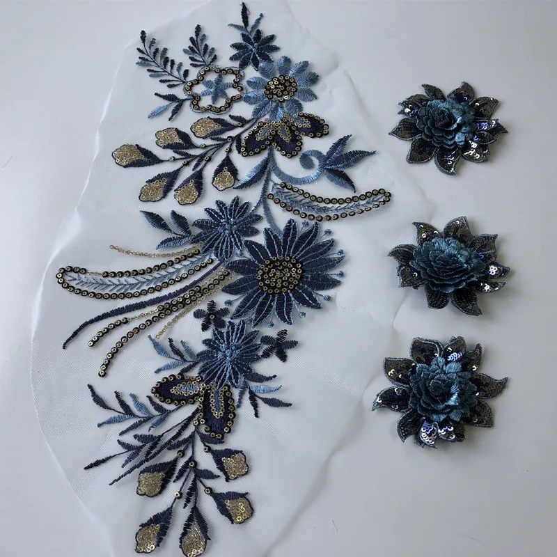 1Ps 3d Blue Patch Sequin Flower Embroidery Applique Mesh Fabric Sew Clothing Wedding Dress Jean Accessroy Diy Crafts Lace Patch