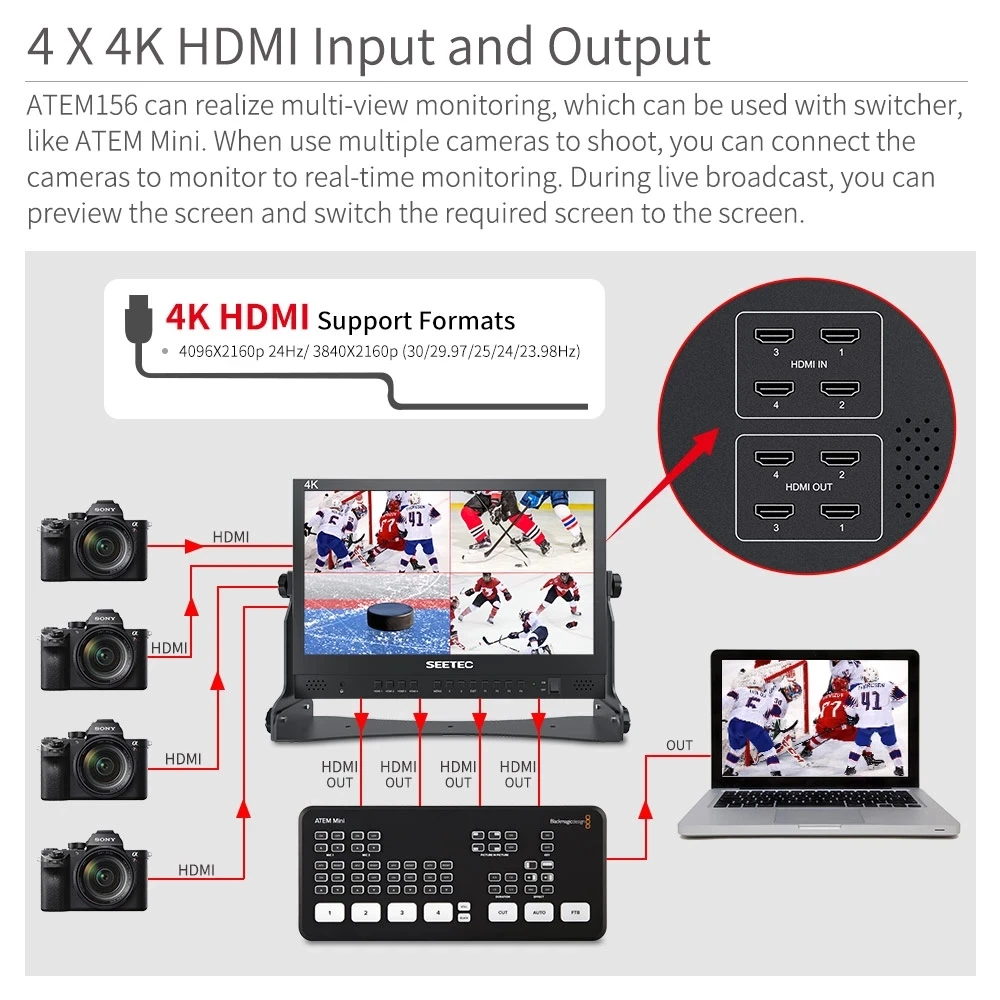 SEETEC ATEM156 15.6 Inch Live Streaming Broadcast Director Monitor with 4 HDMI Input Output ATEM Mini