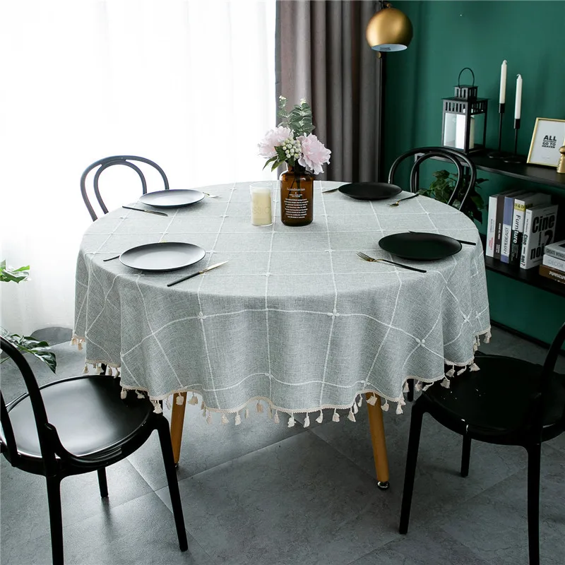 Modern Simple Cotton and Linen Jacquard Plaid Cover Towel with Fringed Lace European Pastoral Embroidered Grid Round Tablecloth