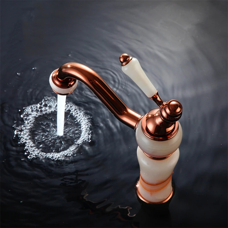 Rose Gold Bathroom Faucet with Artificial Jade Decoration Single Handle Hot and Cold Basin Faucet Concealed Bath Mixer Tap