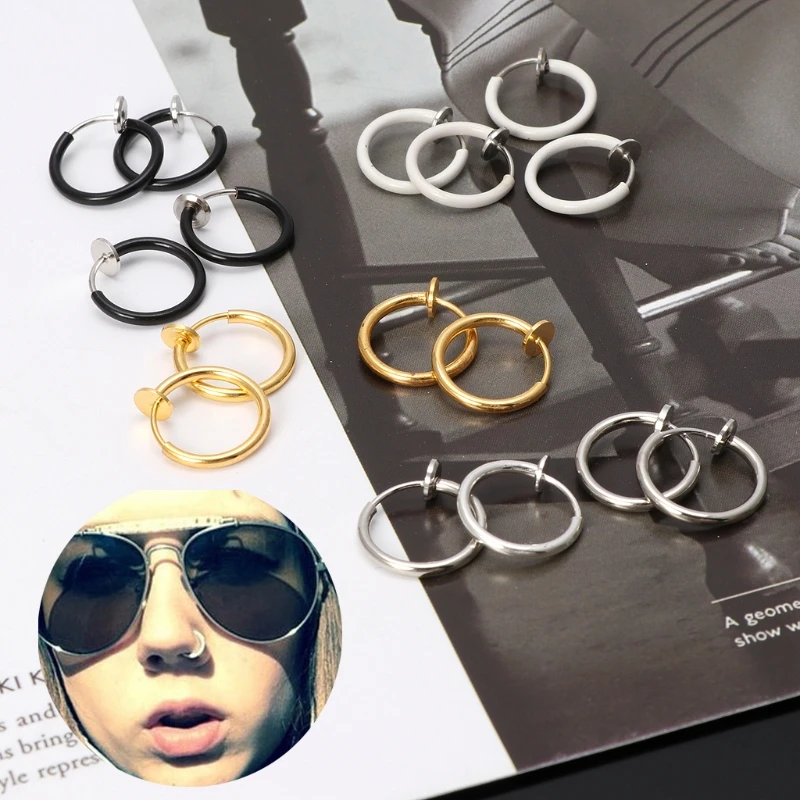 4Pcs Clip on Fake Earrings Hoop Non-pierced Nose Rings Lip Ear Clip Body Jewelry