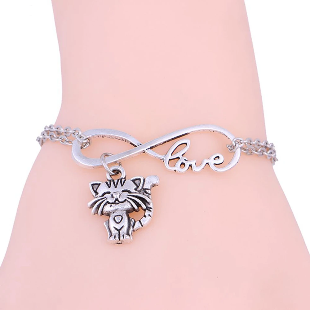 MIC 30pcs New Tibetan Silver Fashion Wome's Infinity  Zinc Alloy Cute Cat Bangle Pendant Bracelet Chain Charm Jewelry  z0337