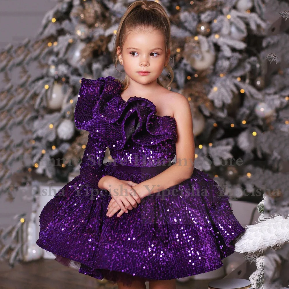 Vestidos brillantes de fiesta para niños, Mini tutú con volantes de un hombro, vestidos de desfile, lentejuelas brillantes, Puff, vestido de flores para cumpleaños