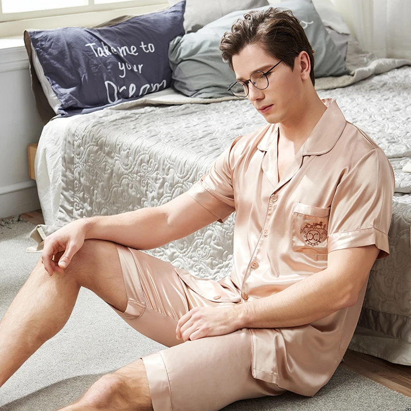 Sleepwear Male Summer Short Sleeve Shorts Two-Piece Pajama Sets Ice Silk Thin Men Pyjamas Homewear 1813