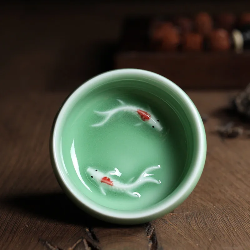 Chinese Longquan Celadon Porcelain China Tea cup And Saucer Tea Bowl With Golden Fish 60ml Celadon Crackle Tea cup