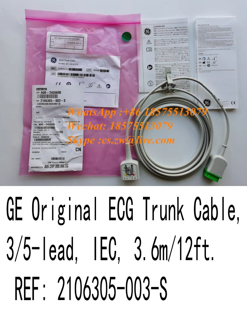 GE Original ECG Trunk Cable 3/5-lead IEC 3.6m/12ft REF: 2106305-003-s