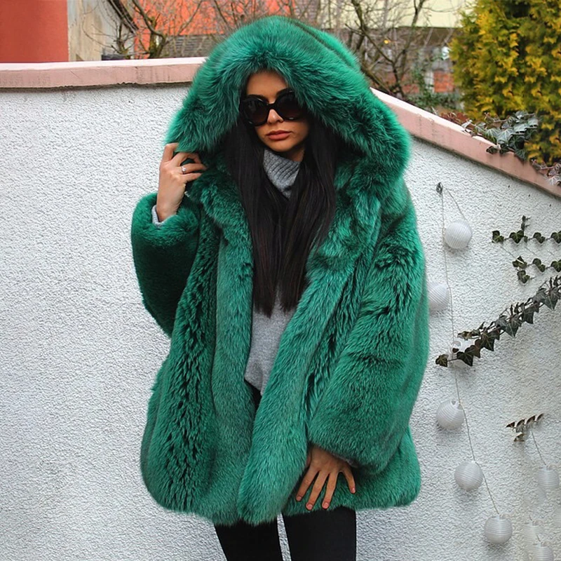 Abrigo de piel de zorro Real para mujer, chaqueta gruesa y cálida de piel de zorro azul, con capucha grande, color verde, de lujo, a la moda, para invierno